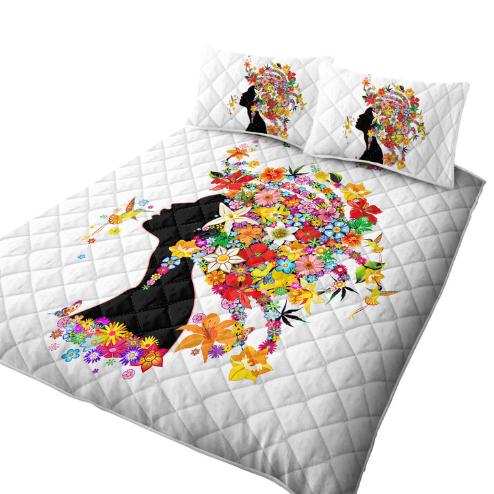 Quilts with Colorful Tropical Flower Girl and Hummingbirds