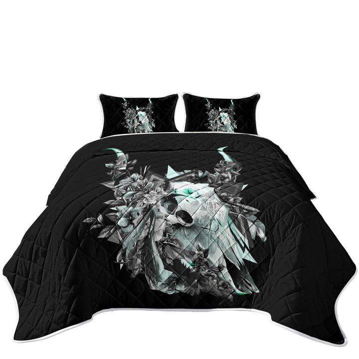 Quilts with Cool Black and White Floral Turquoise Bull Skull