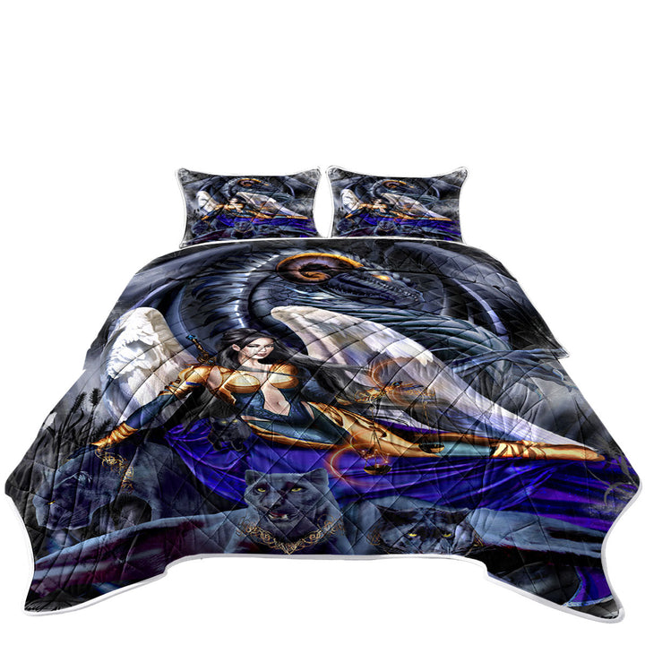 Quilts with Cool Fantasy Warrior Angel Dragon and Panthers