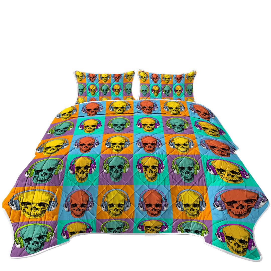 Quilts with Cool Multi Colored Panel of Hipster Skulls