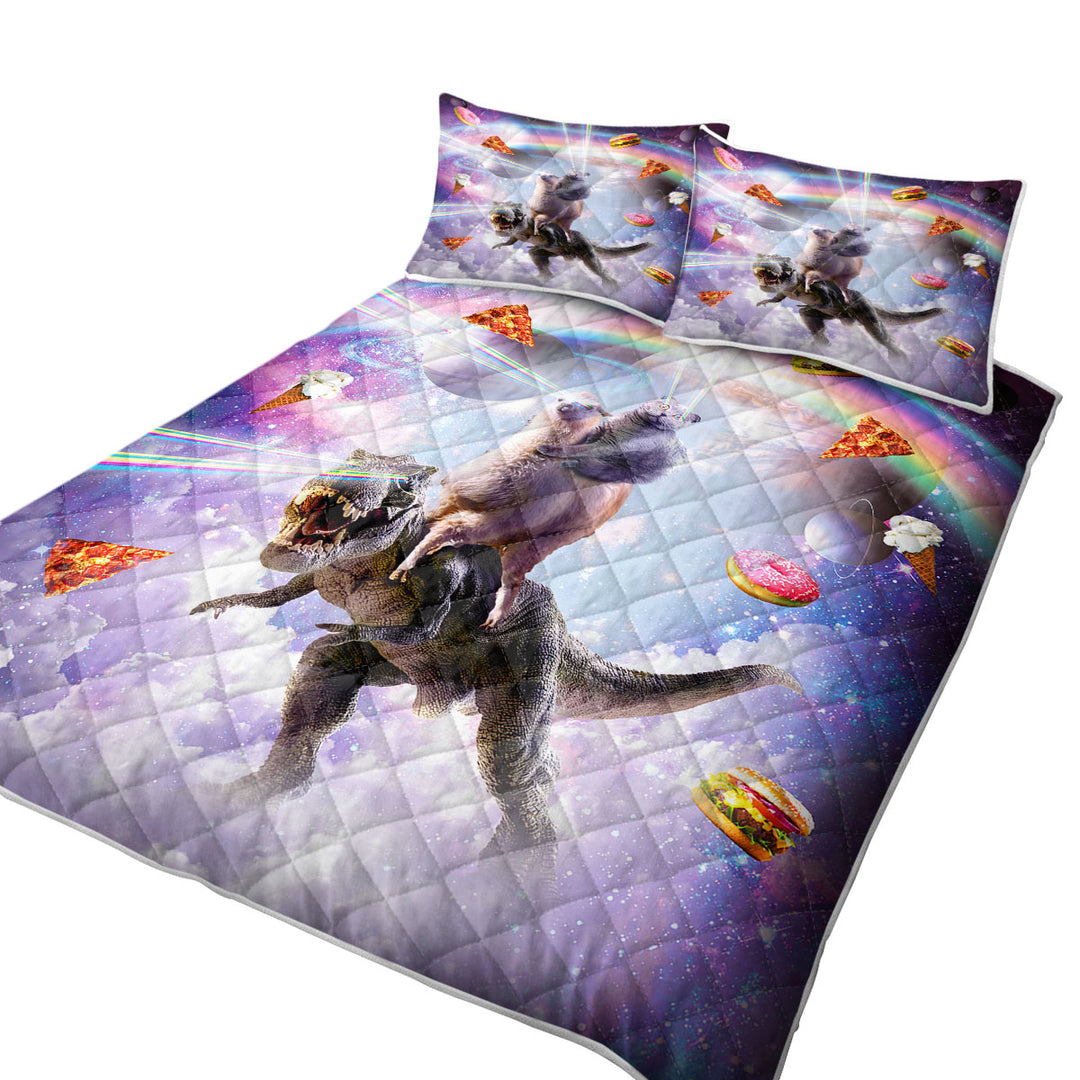 Quilts with Crazy Space Art Funny Cat on a Llama on a Dinosaur