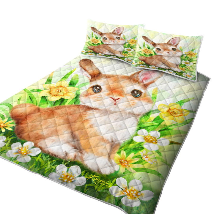 Quilts with Cute Animal Art Bunny in the Flower Garden