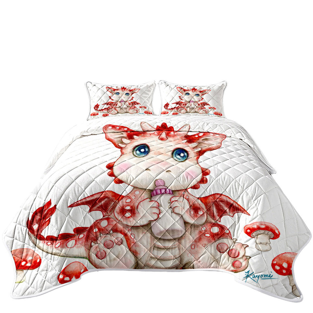 Quilts with Cute Art for Kids Red Mushrooms and Dragon