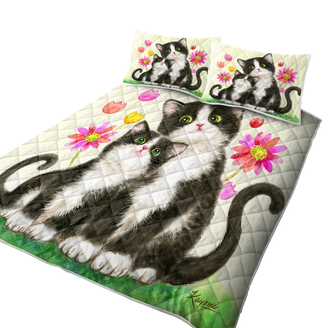 Quilts with Cute Black and White Cats Mother and Daughter