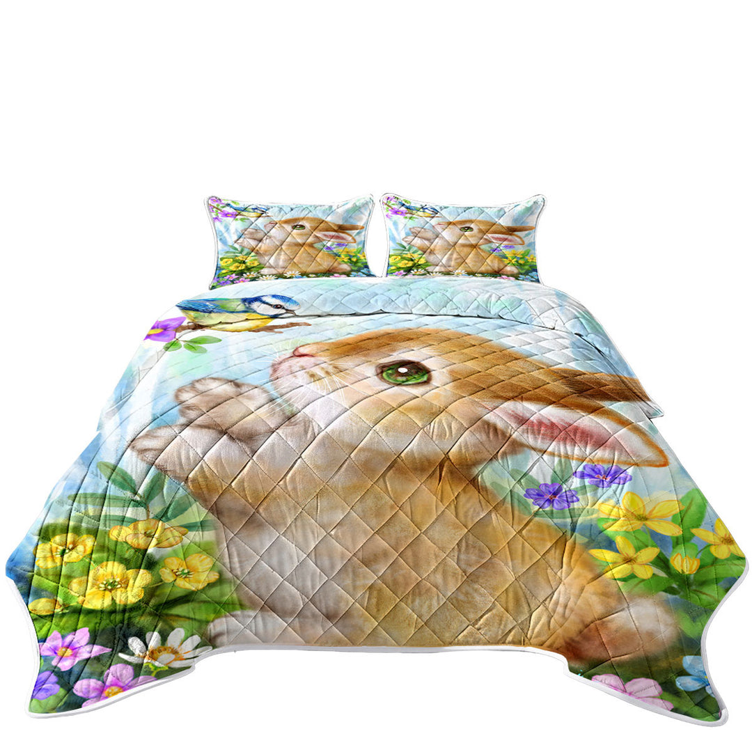 Quilts with Cute Children Art Designs Flowers Bunny and Bird