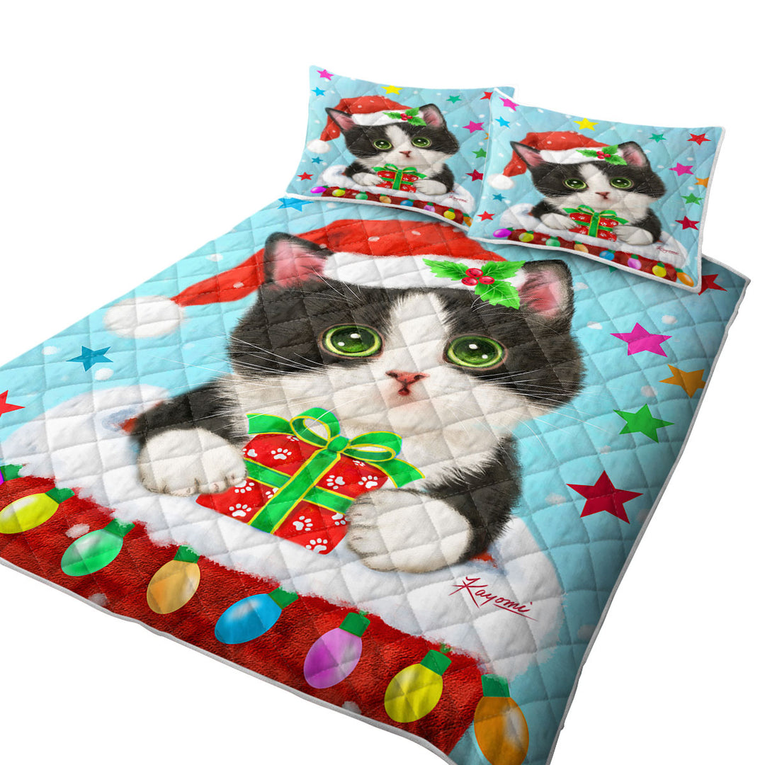 Quilts with Cute Christmas Design Tuxedo Cat in Chimney