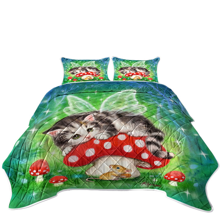 Quilts with Cute Fantasy Cat Art Kitten Fairy on Mushroom