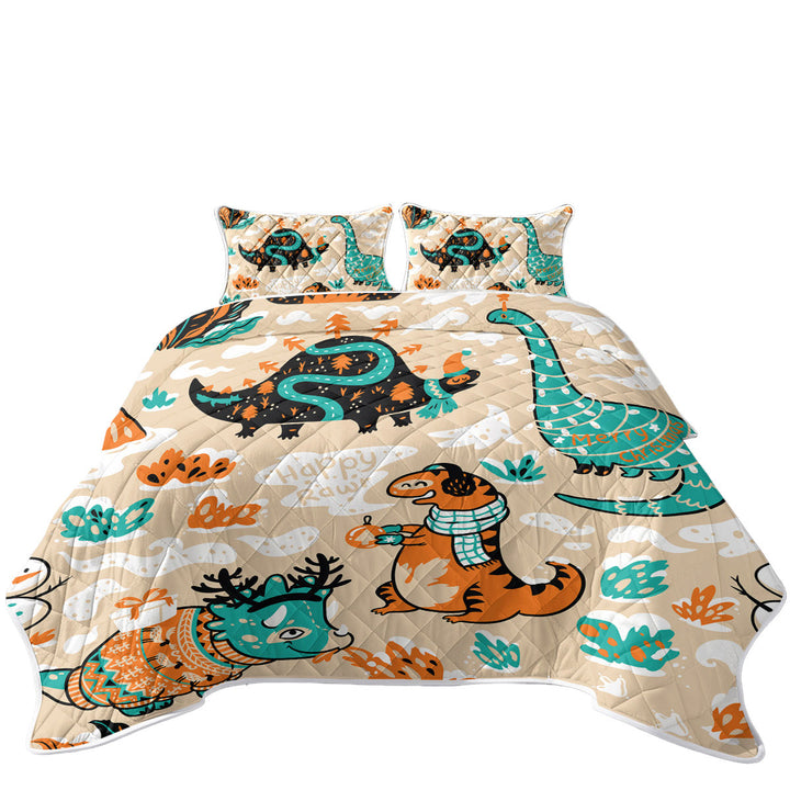 Quilts with Cute Funny Wintry Dinosaurs