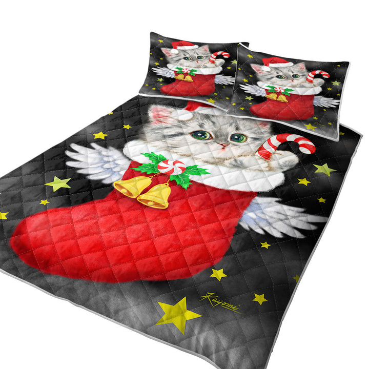 Quilts with Cute Grey Kitty in Red Angle Christmas Sock