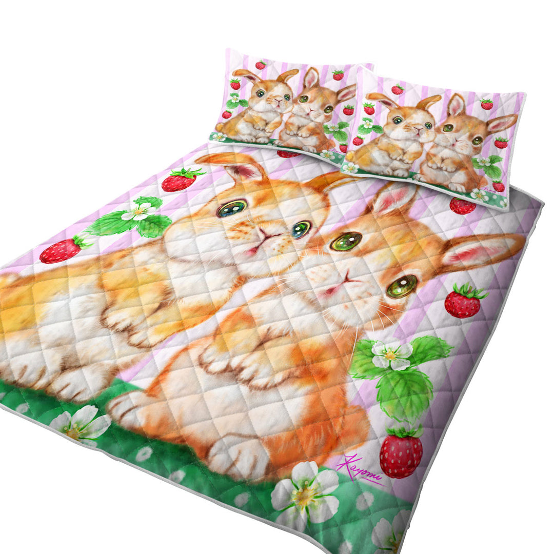 Quilts with Cute Kids Art Designs Bunnies and Strawberries