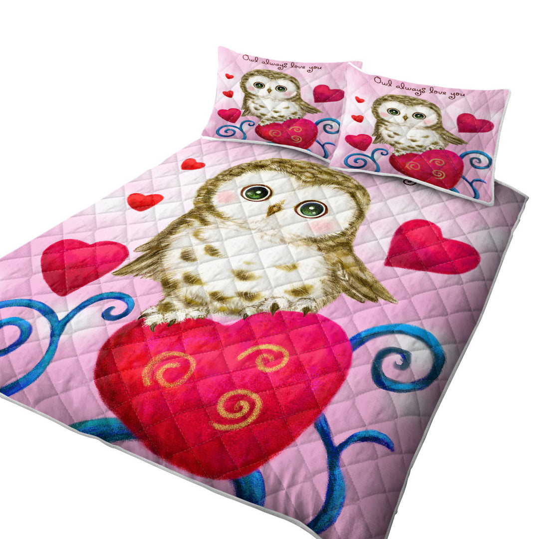 Quilts with Cute Owl Always Love You Red Hearts