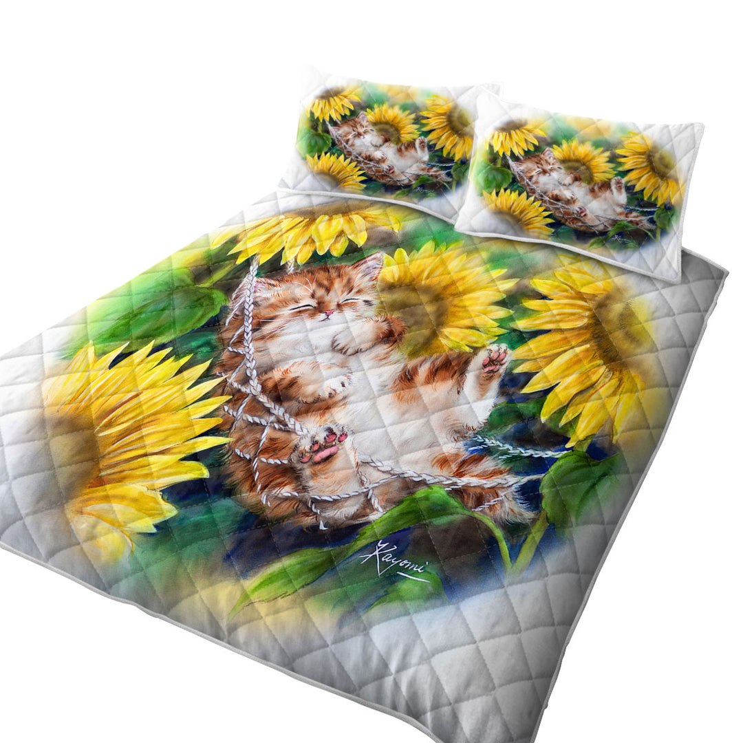 Quilts with Cute Sleeping Ginger Kitten Sunflower Dream