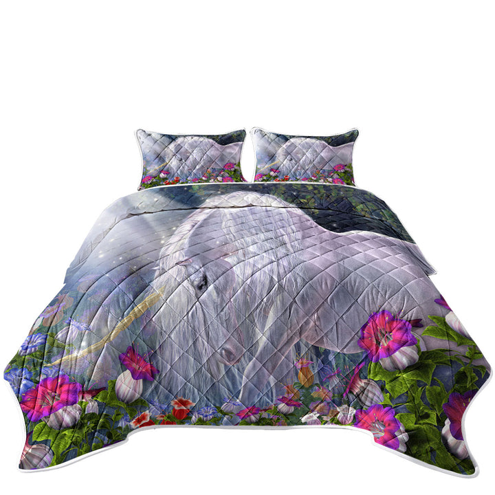 Quilts with Fantasy Art Beautiful Flowers and Pure White Unicorn