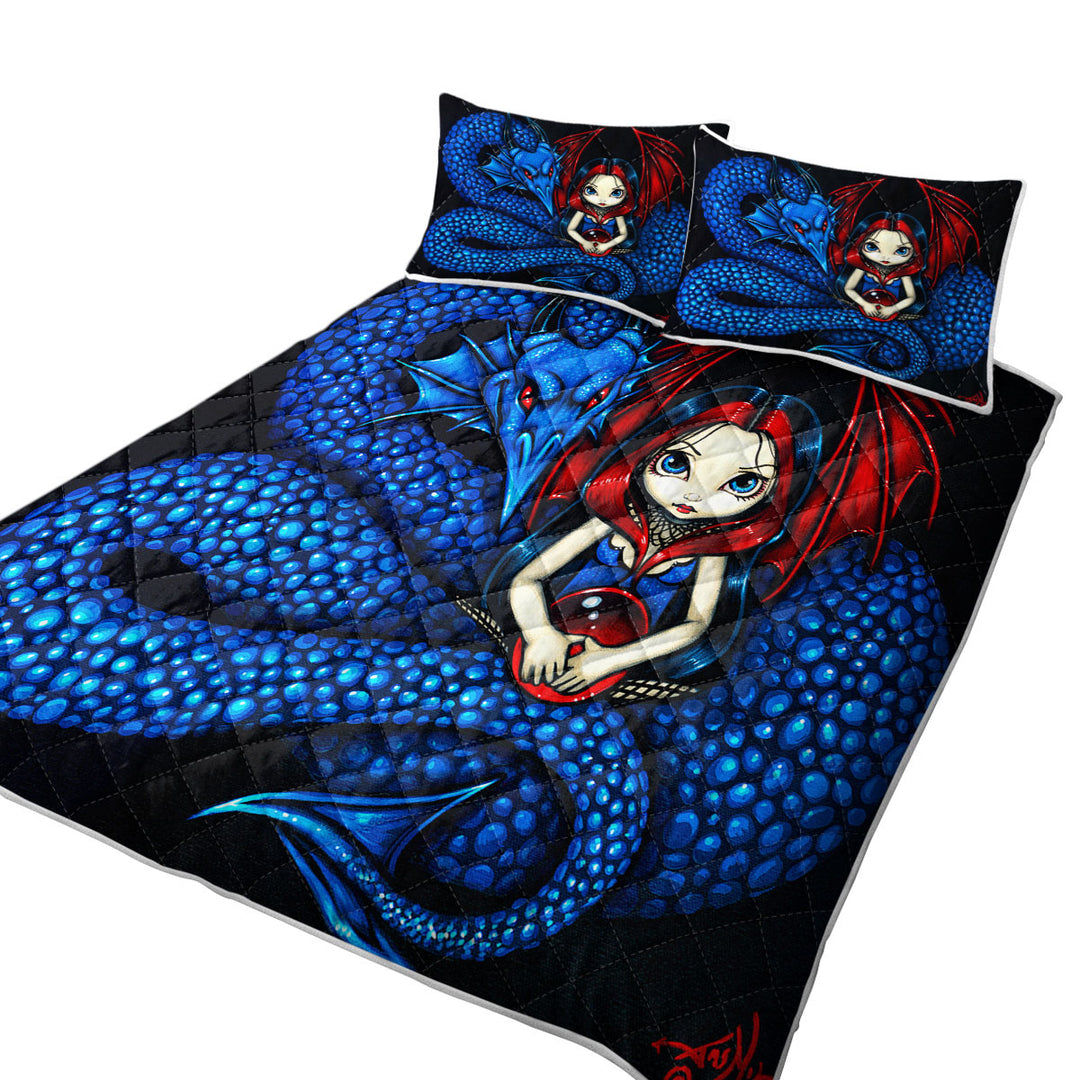 Quilts with Fantasy Blue Serpent Dragon and Fairy