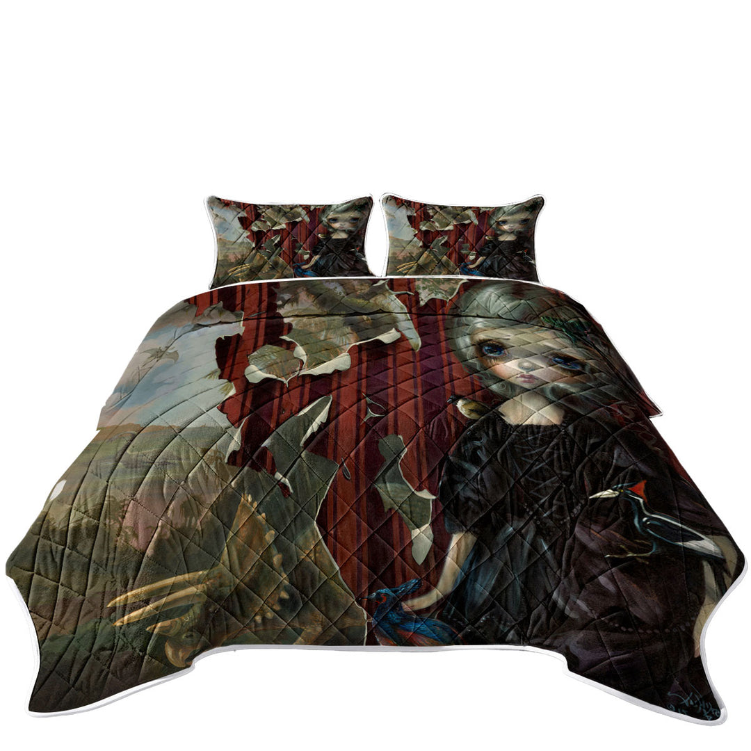 Quilts with Fine Art Black Dress Girl Dinosaur Friends Requiem