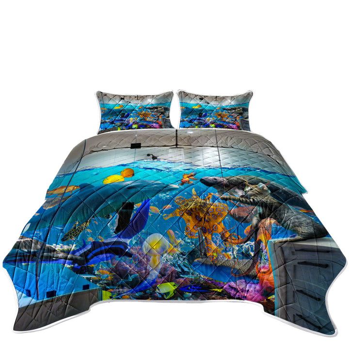 Quilts with Funny Artwork Crazy Shower Room Marine Life and Cat