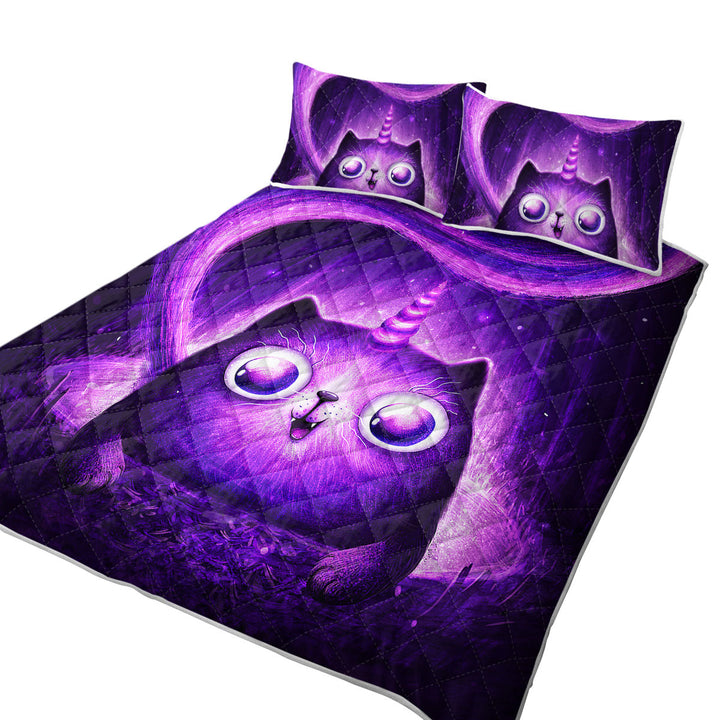 Quilts with Funny Crazy Eyes Purple Unicorn Cat