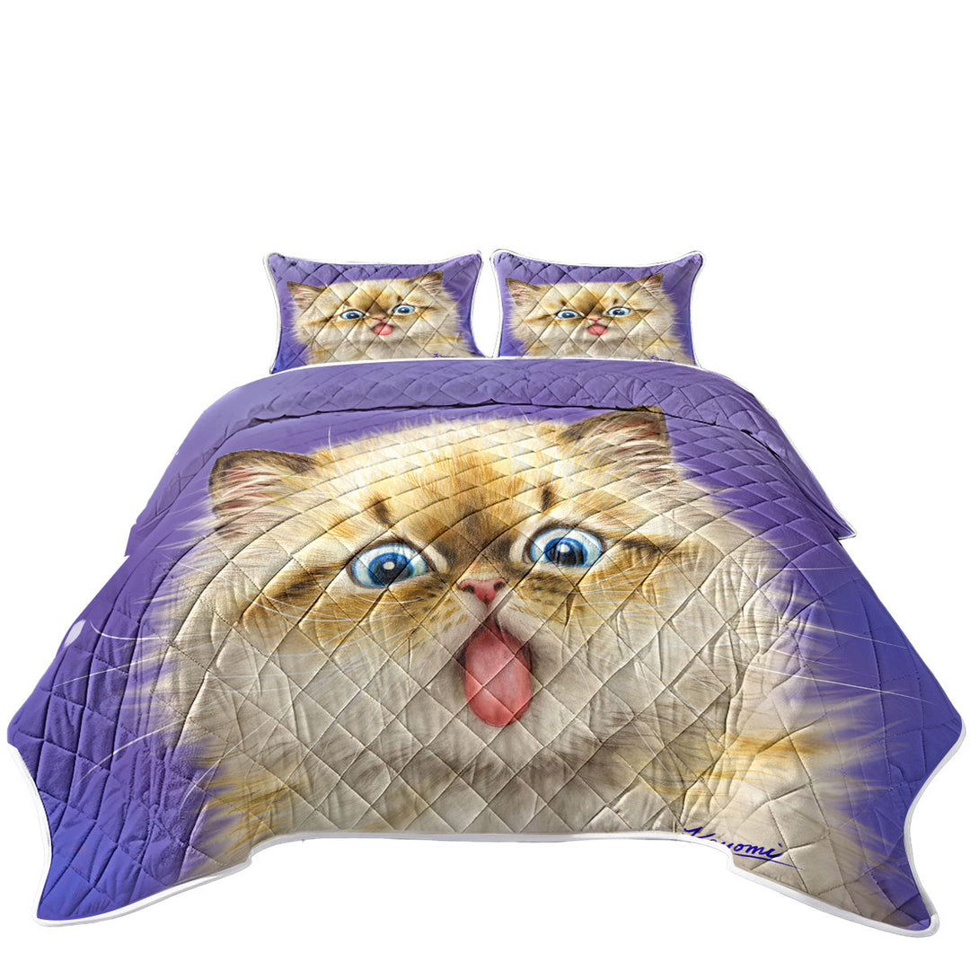 Quilts with Funny Fool Face Kitten Cat with Tongue Out