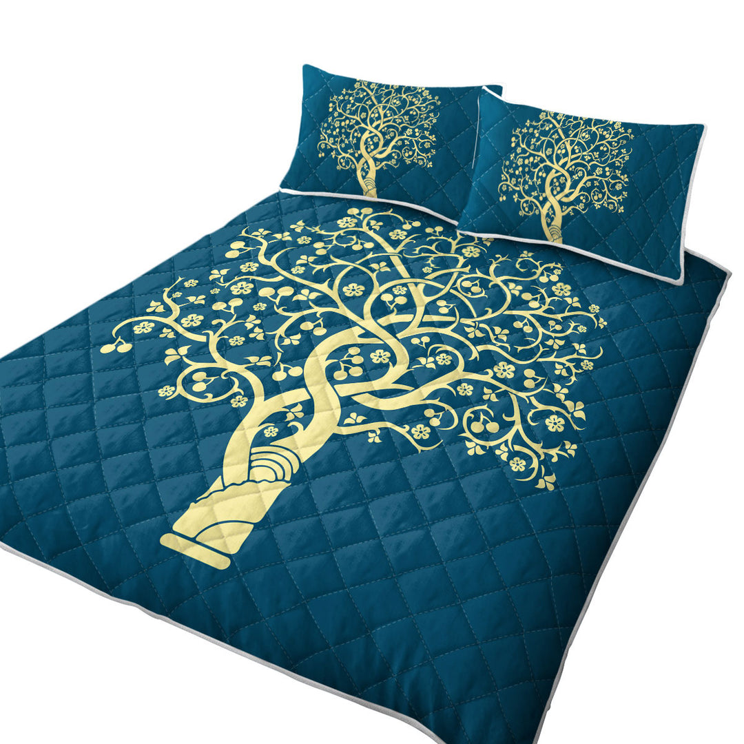 Quilts with Golden Yellow Tree over Blue