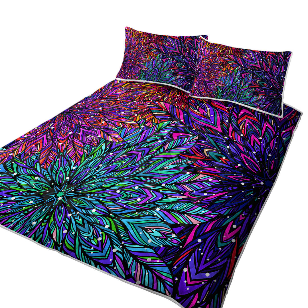 Quilts with Green Purple Artistic Feathers Design