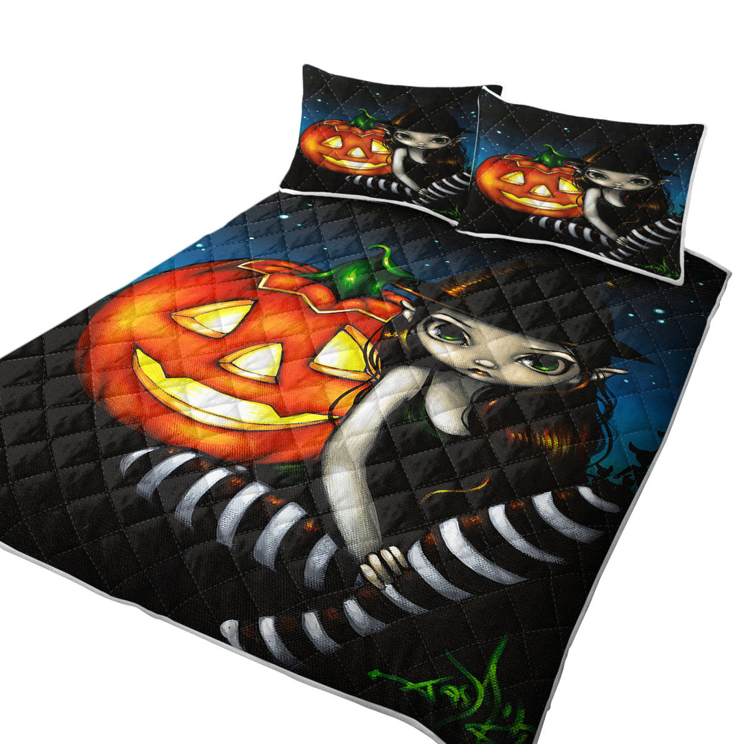 Quilts with Halloween Night Big Eyed Witch and Pumpkin