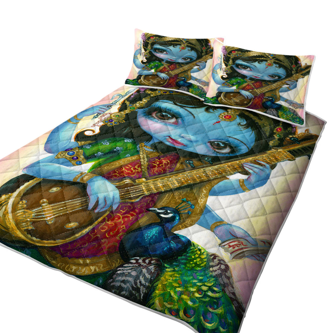 Quilts with Hindu Goddess Saraswati Playing Veena