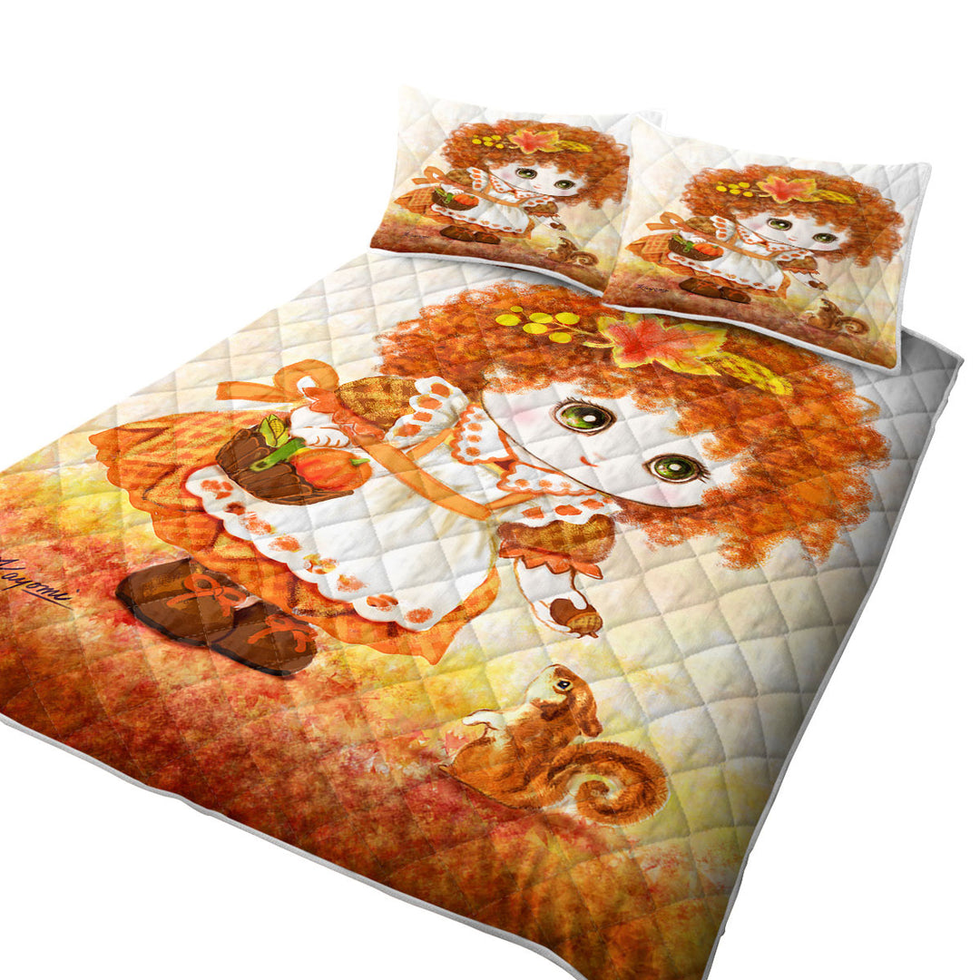Quilts with Kids Drawings Autumn Orange Girl and Squirrel