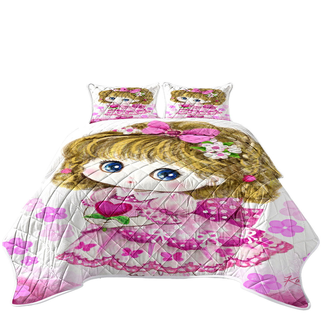 Quilts with Kids Drawings Pink Girl Heart and Flowers