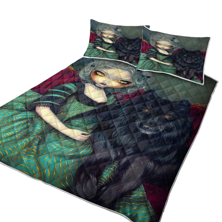Quilts with Loup Garou Beautiful Gothic Lady and Black Wolf