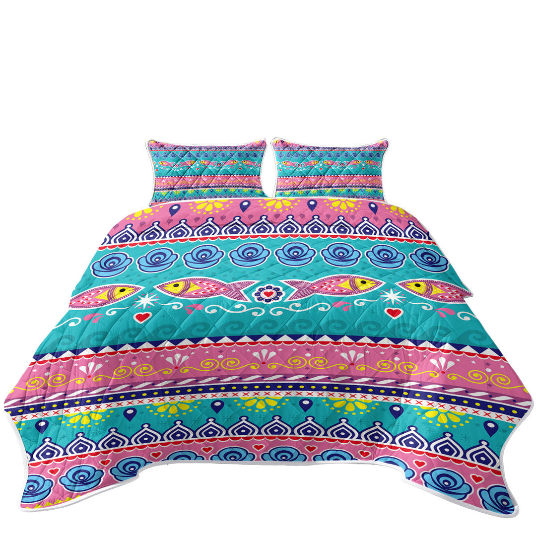 Quilts with Multi Colored Oriental Fish Design