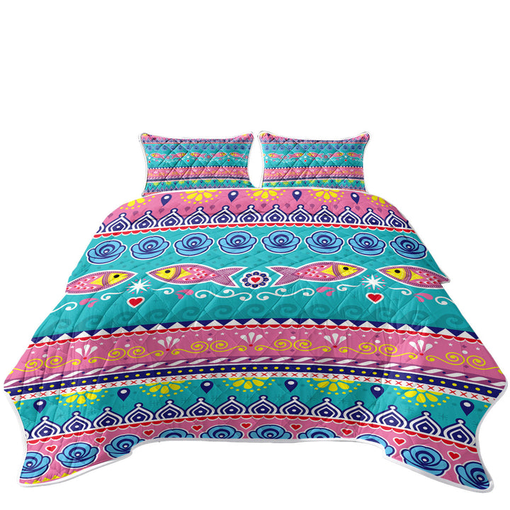 Quilts with Multi Colored Oriental Fish Design