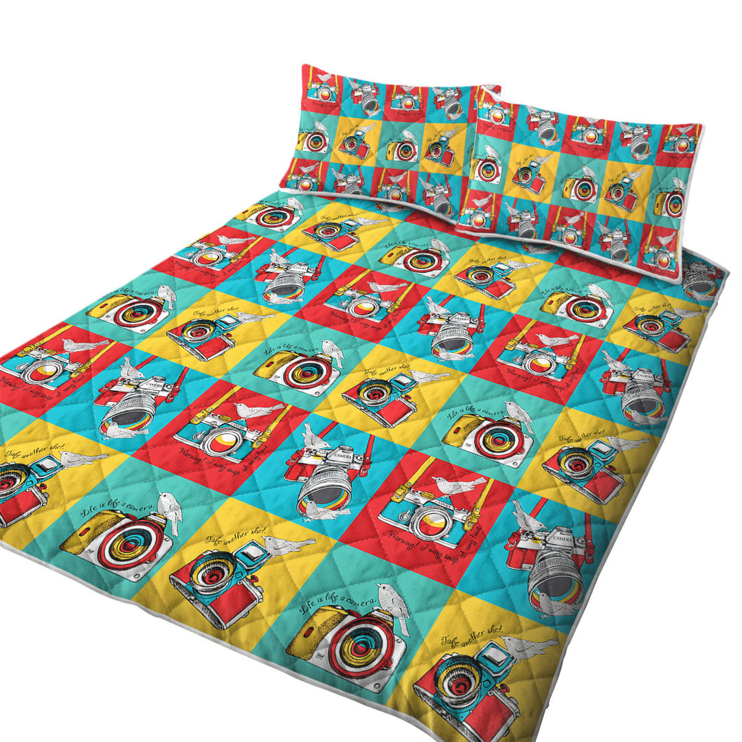 Quilts with Multi Colored Retro Cameras and Birds