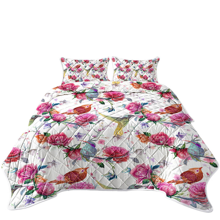 Quilts with Pink Roses and Beautiful Birds