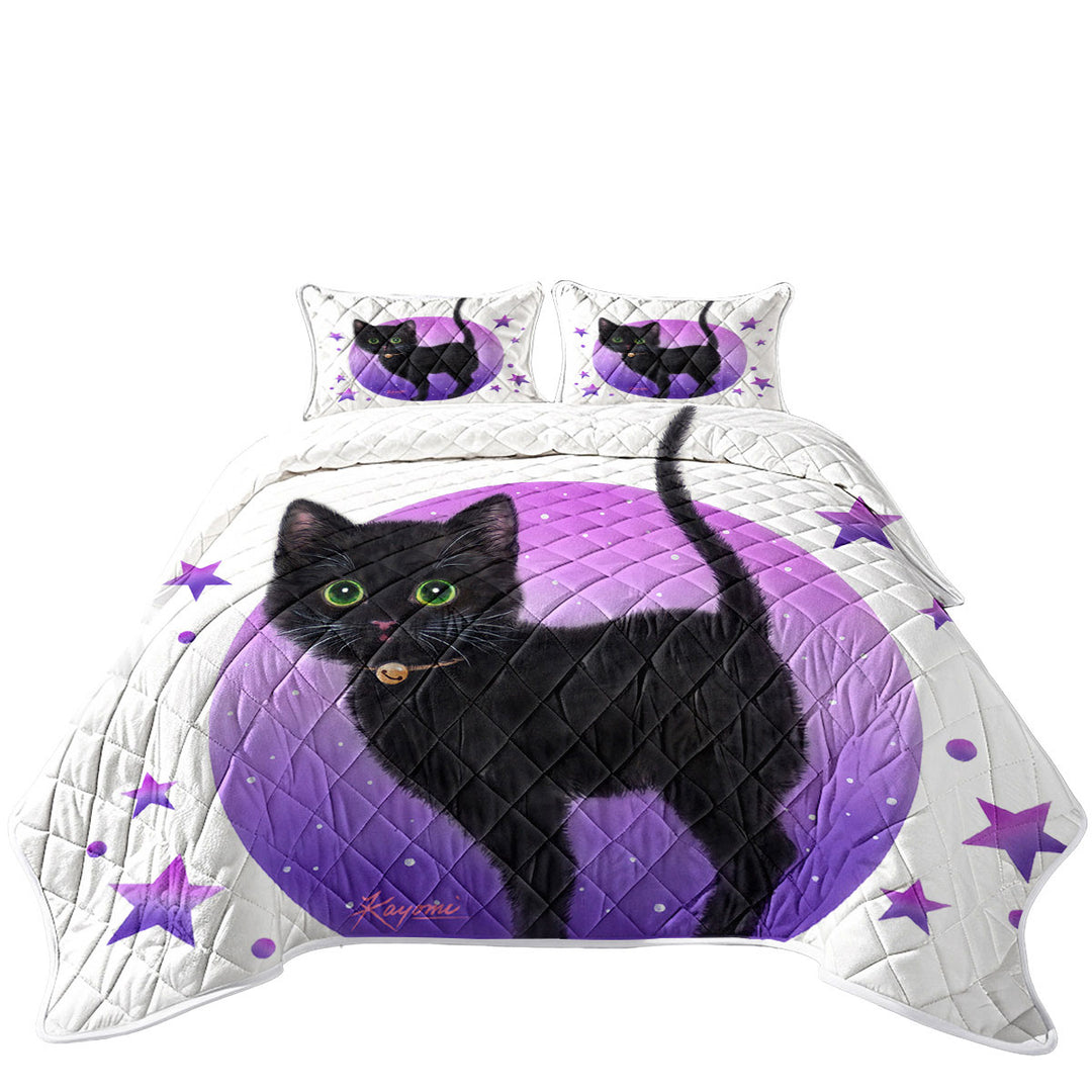 Quilts with Purple Stars Full Moon and Black Kitty Cat