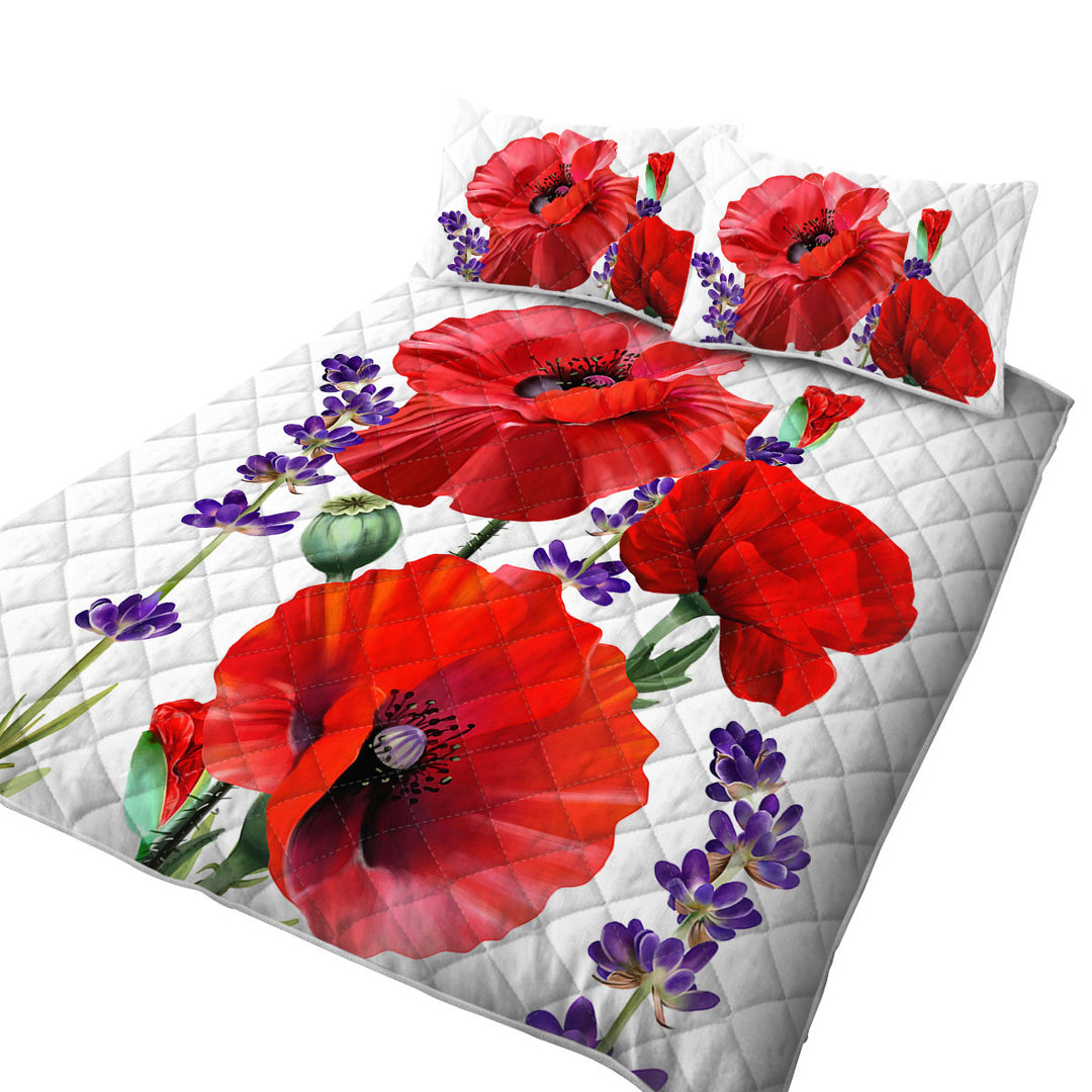 Quilts with Red Poppy and Purple Lavender Flowers