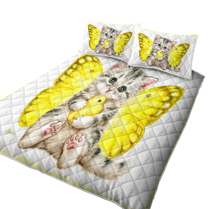 Quilts with Sweet Yellow Butterfly Kitten and Chick