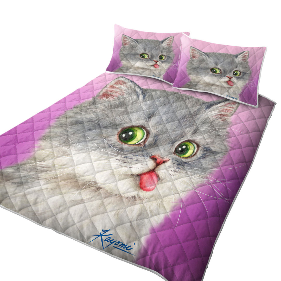Quilts with Tongue Out Funny Face Grey Kitten Cat