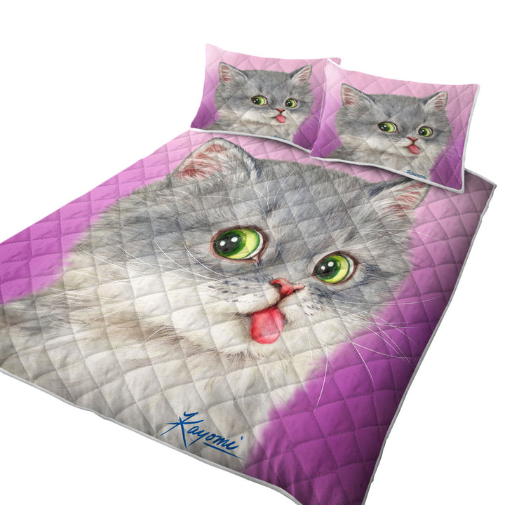 Quilts with Tongue Out Funny Face Grey Kitten Cat