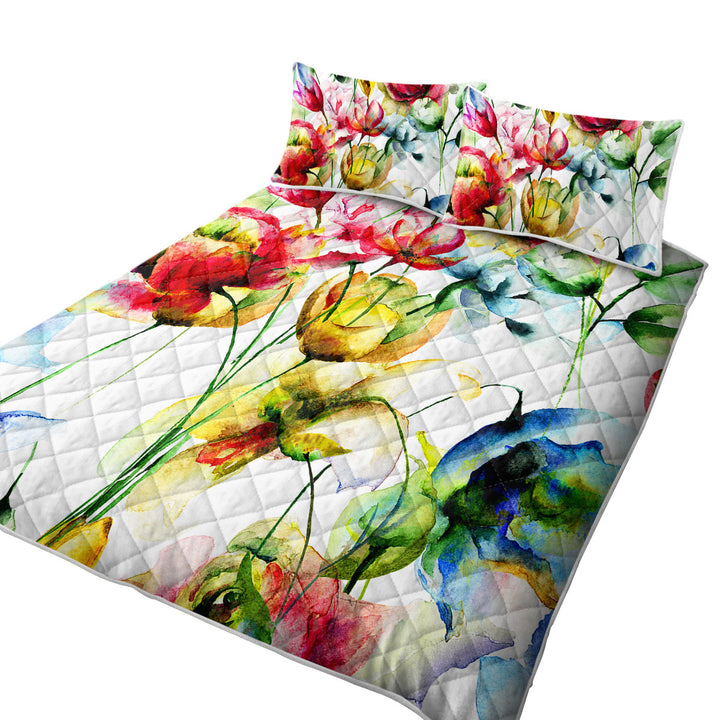Quilts with Watercolor Painting of Colorful Flowers