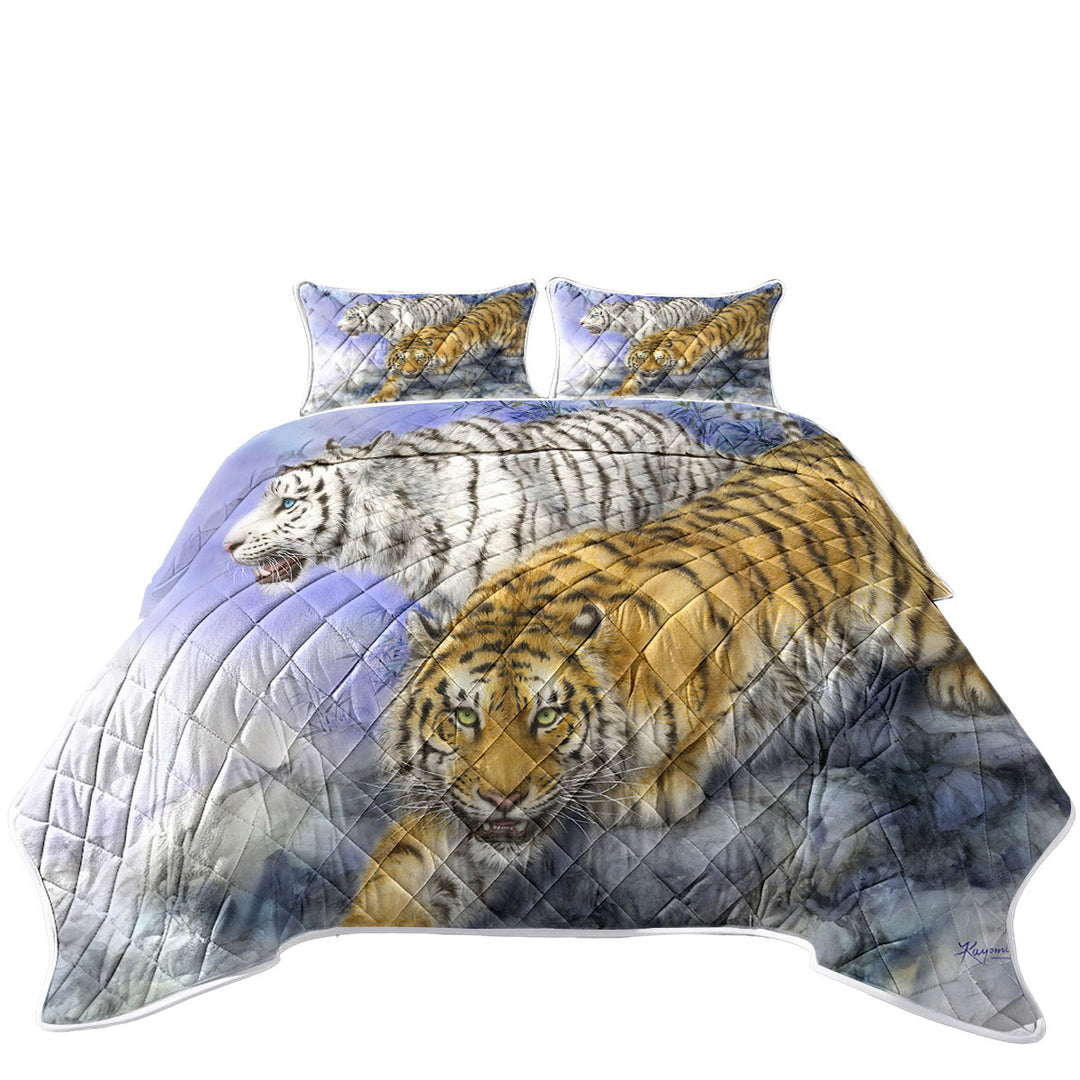 Quilts with Wild Animal Art White and Orange Tigers