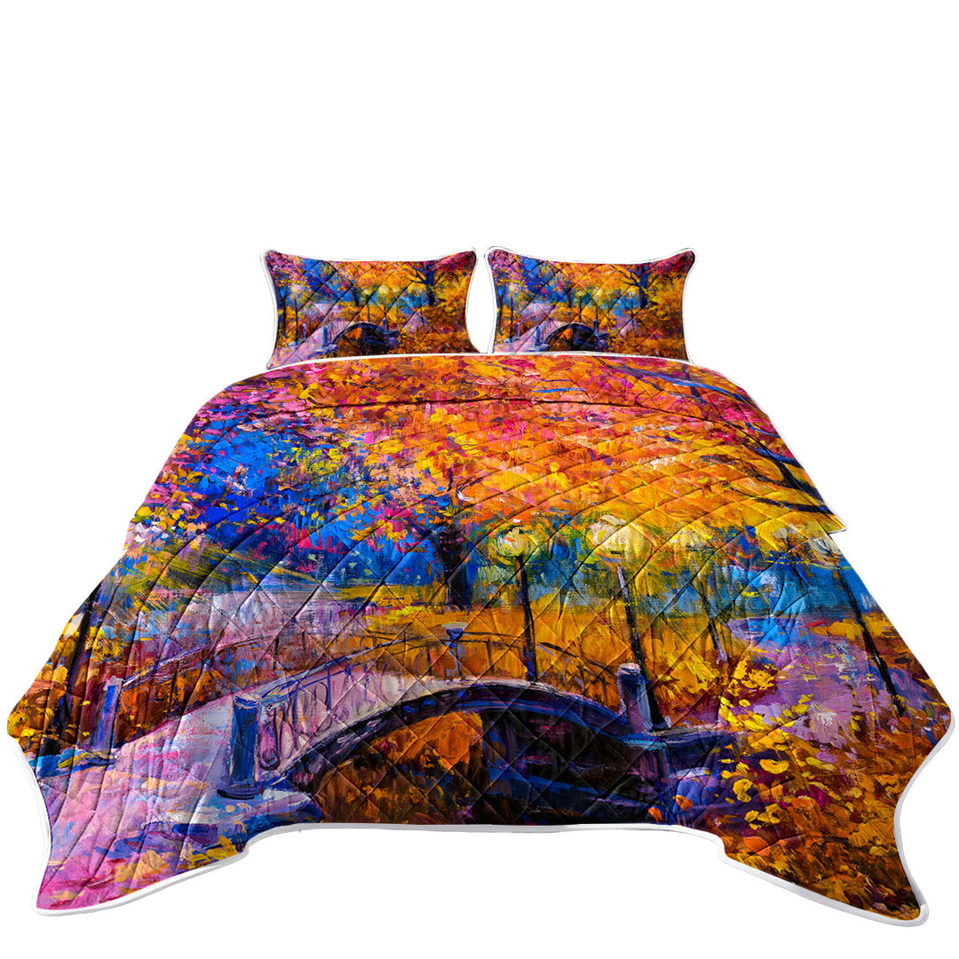 Quilts with Wooded Park and Bridge Gorgeous Autumn Art