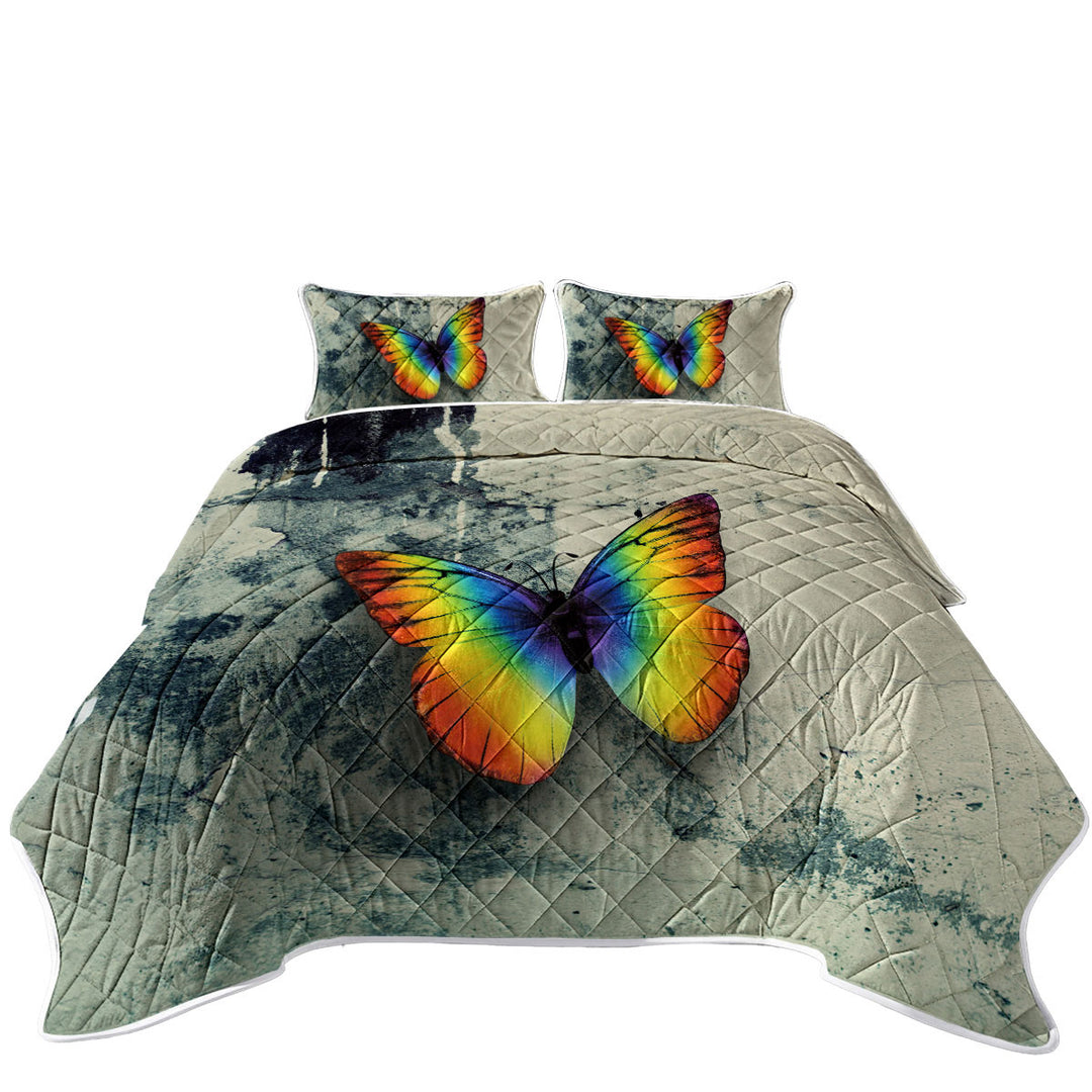 Rainbow Butterfly Over Concrete Twin Quilt