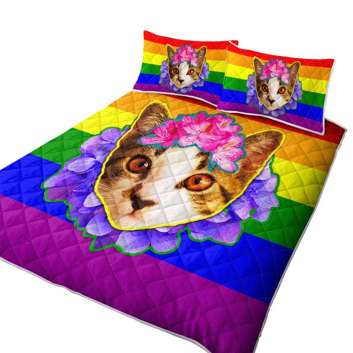 Rainbow Flag Adorable Flowery Kitten Coverlet