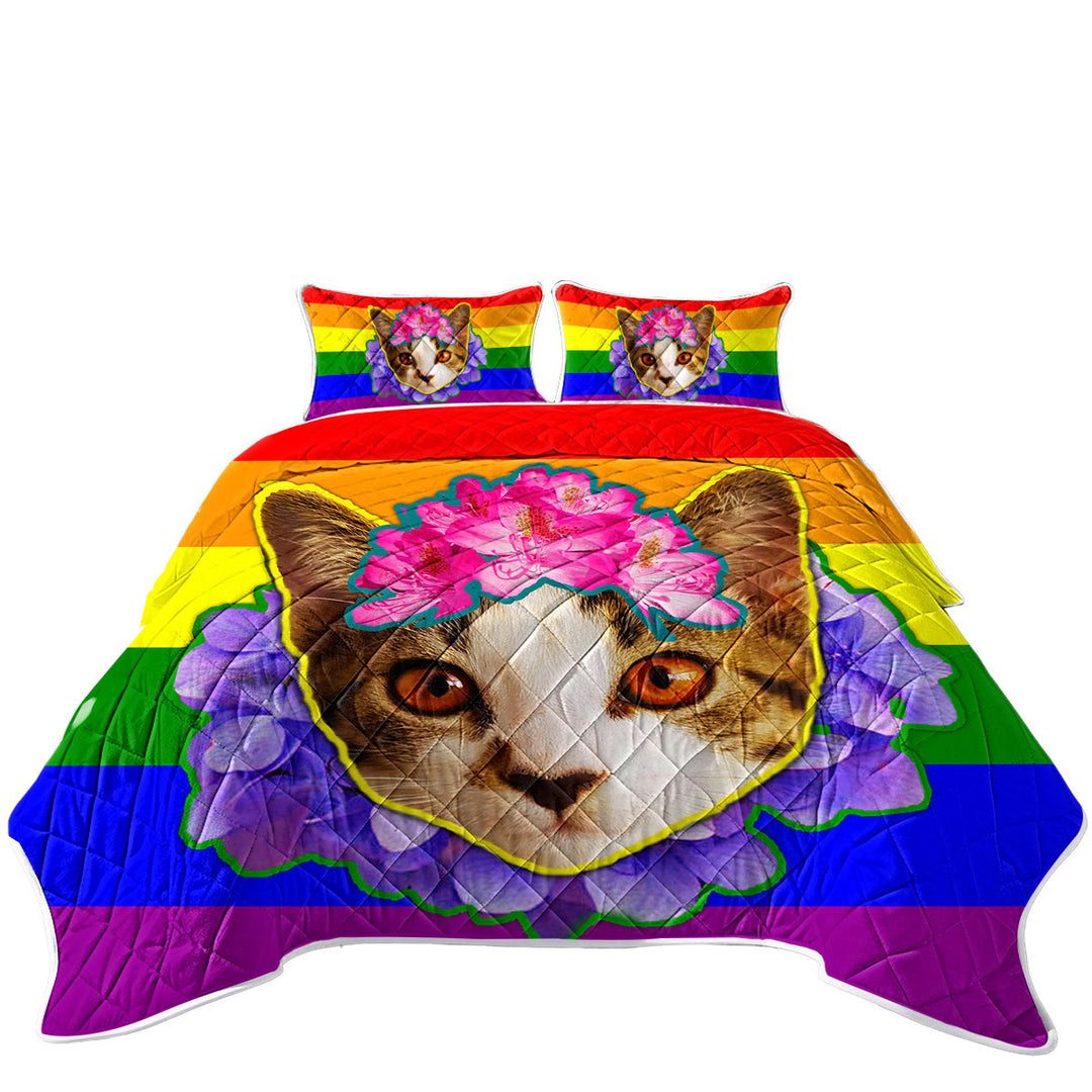 Rainbow Flag Adorable Flowery Kitten Coverlets