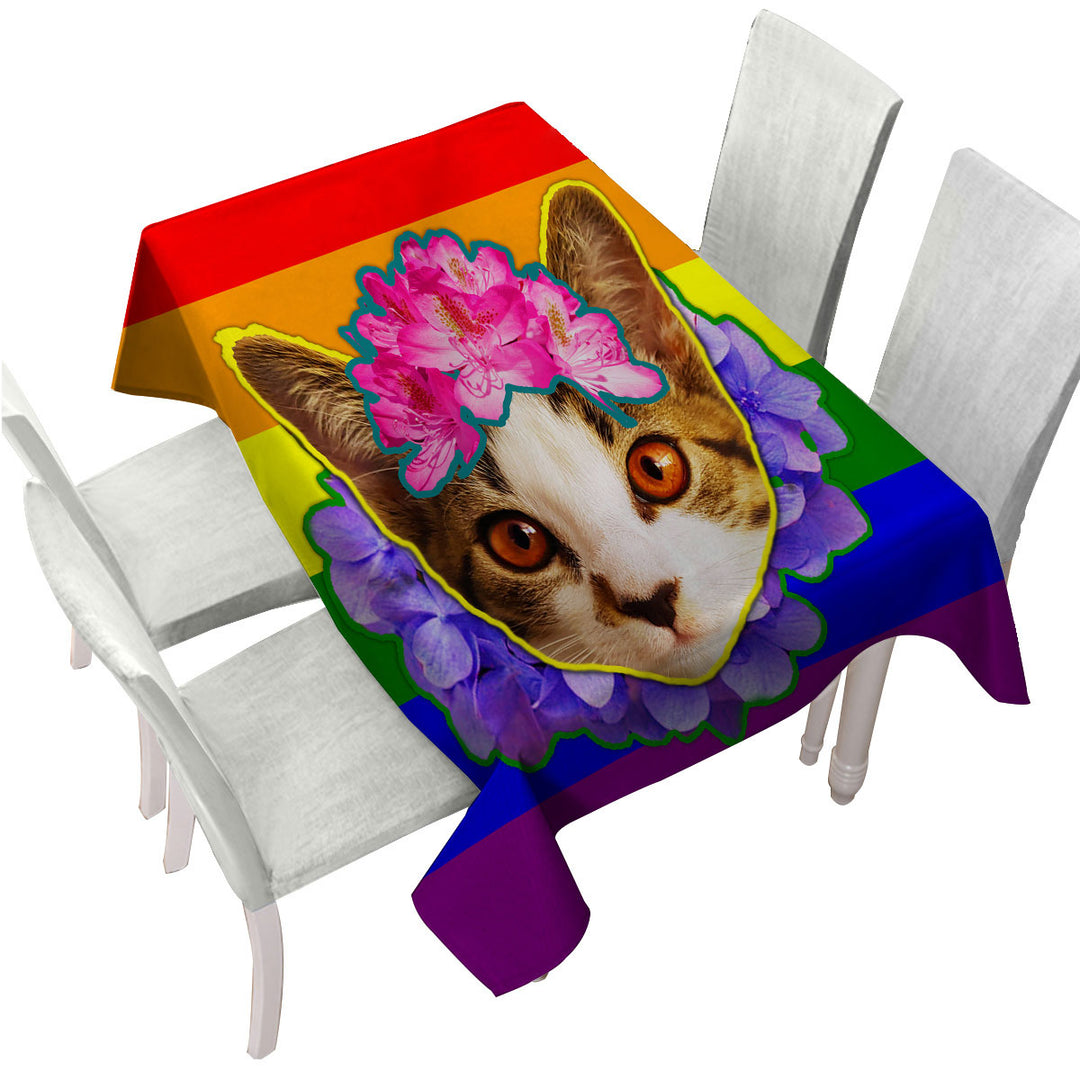 Rainbow Flag Adorable Flowery Kitten Custom table Covers