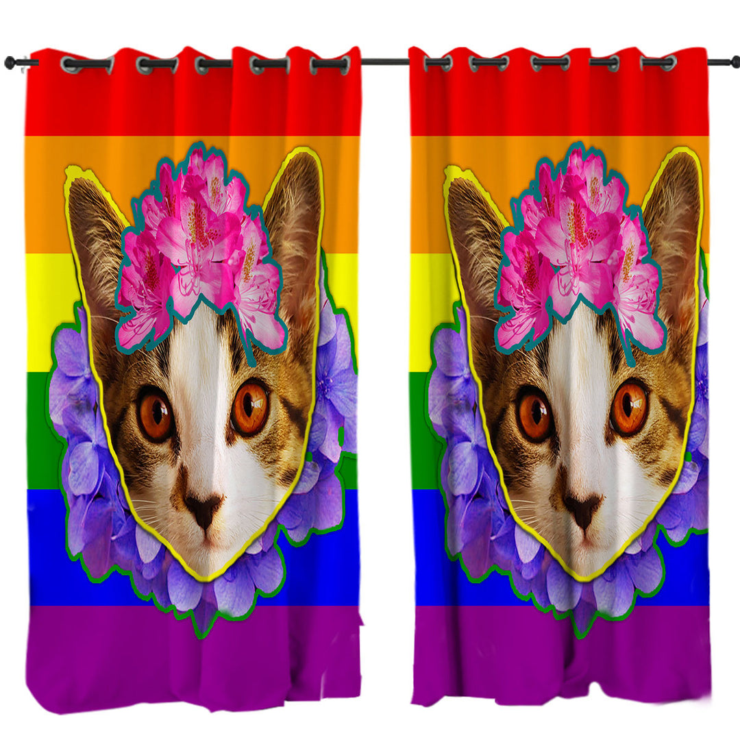 Rainbow Flag Adorable Flowery Kitten Drapes and Curtains