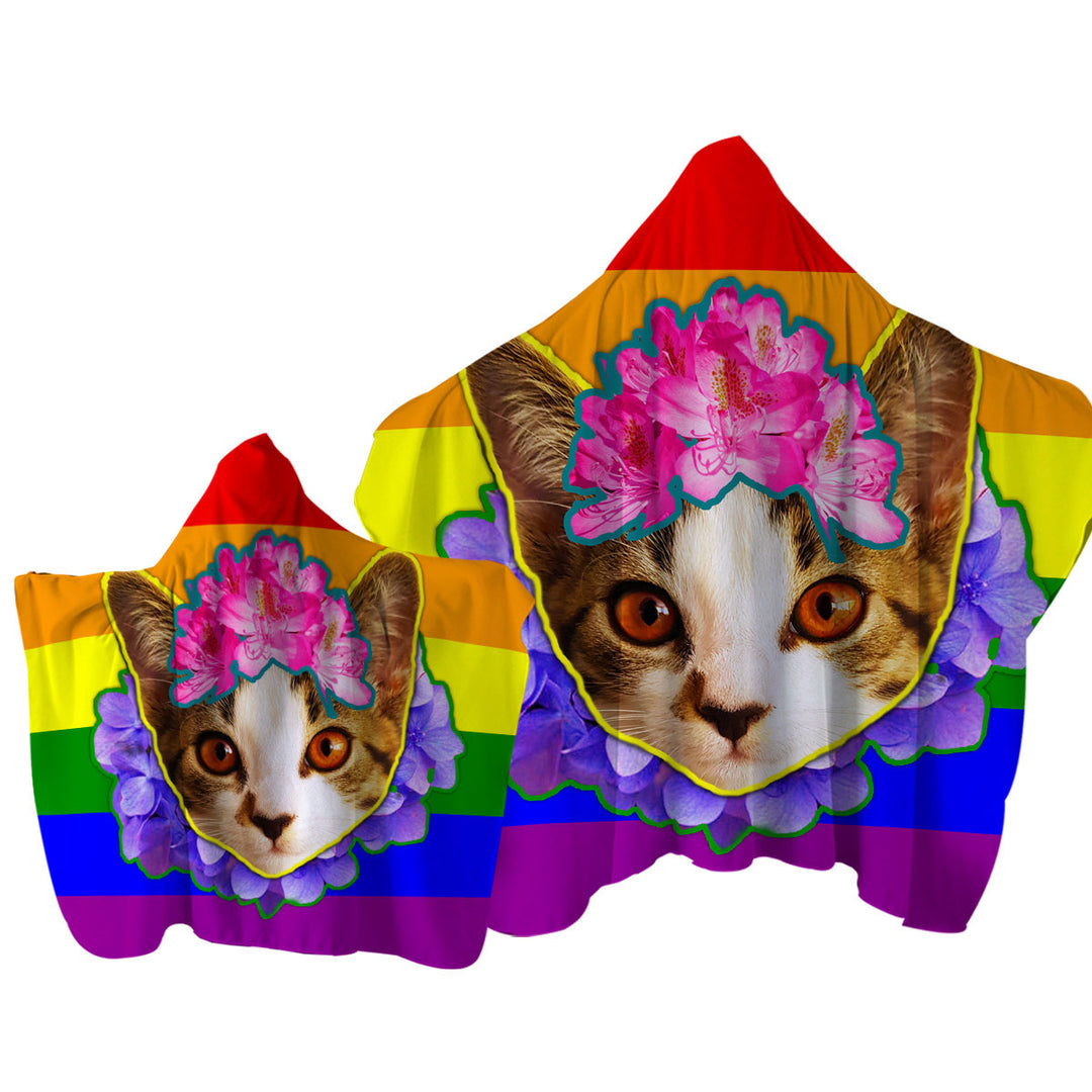 Rainbow Flag Adorable Flowery Kitten Hooded Beach Towel