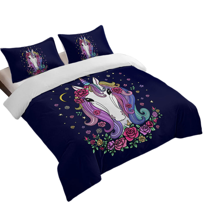 Rainbow Haired Unicorn and Roses California King Duvet Cover