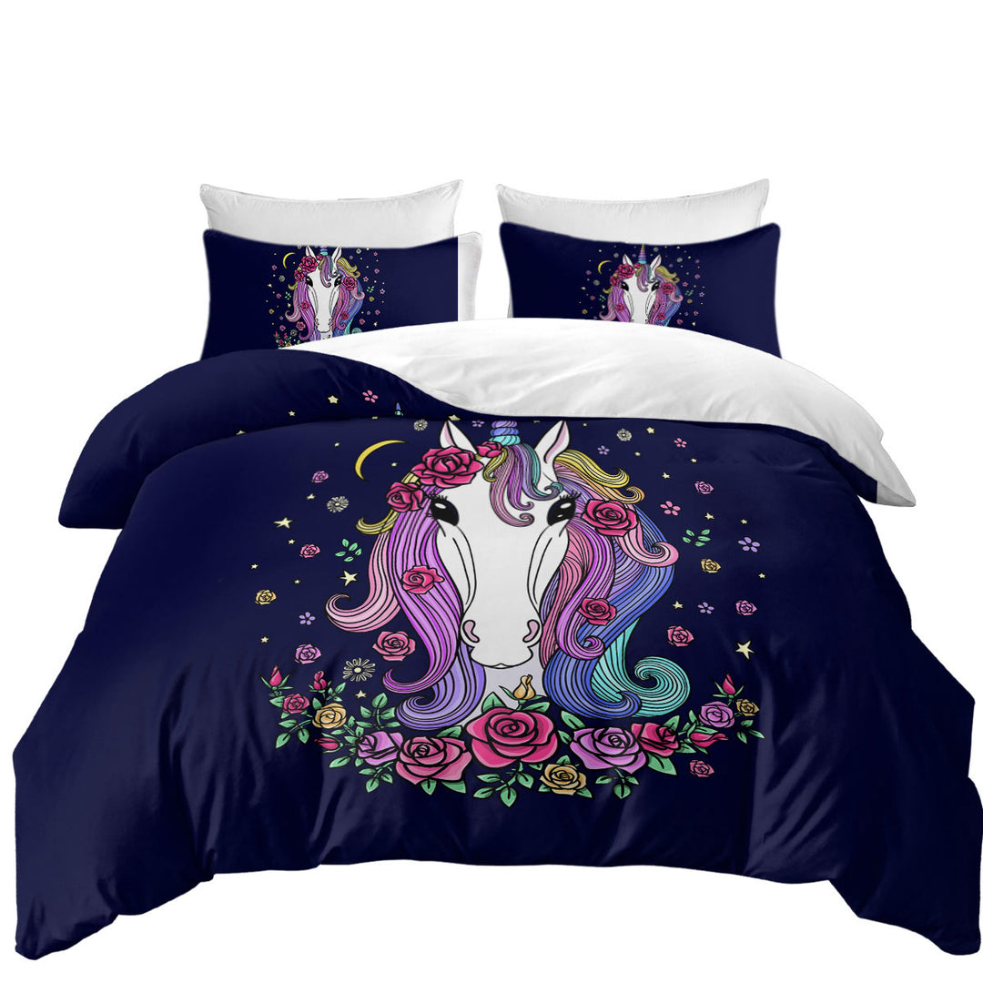 Rainbow Haired Unicorn and Roses Duvet Cover