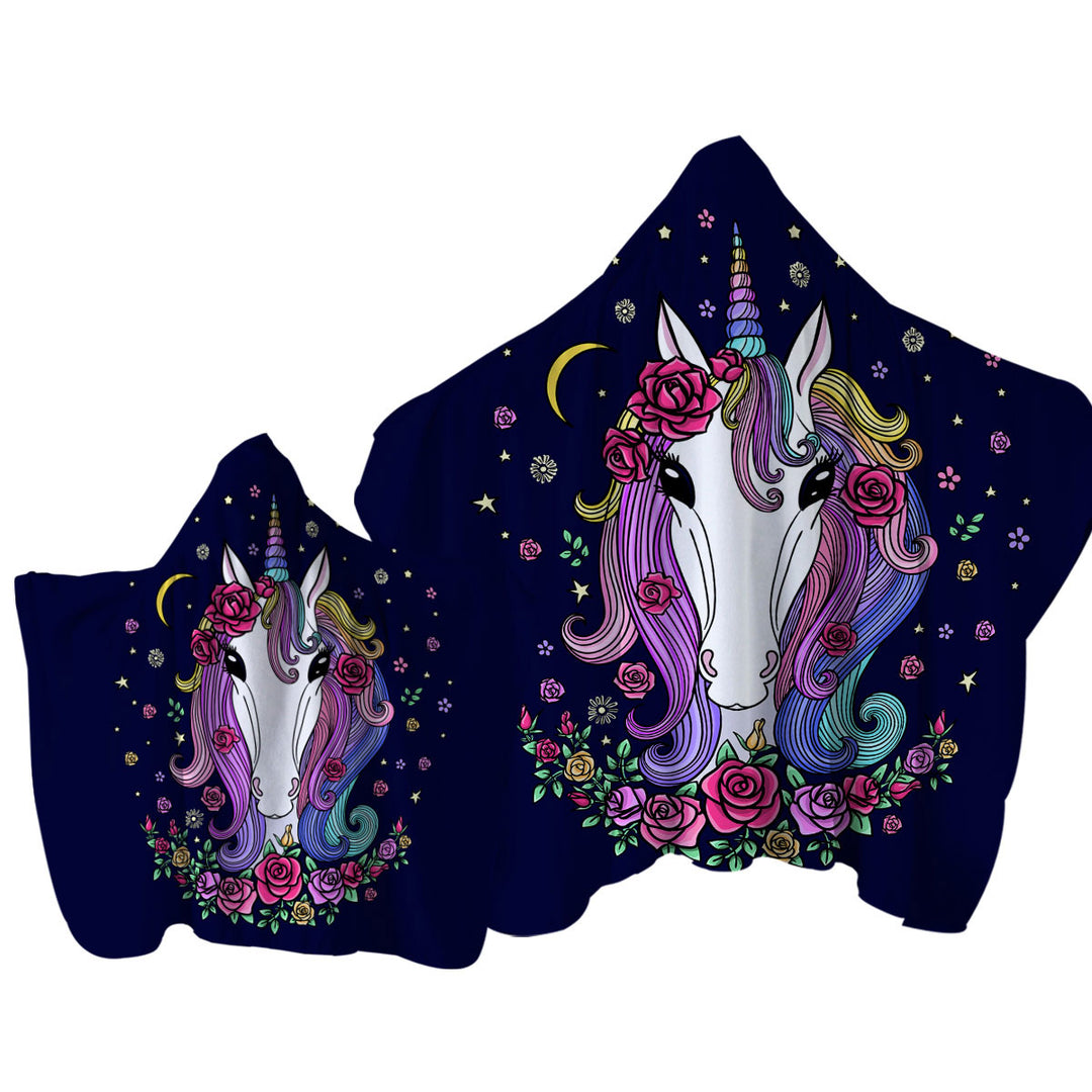 Rainbow Haired Unicorn and Roses Towel with Hood